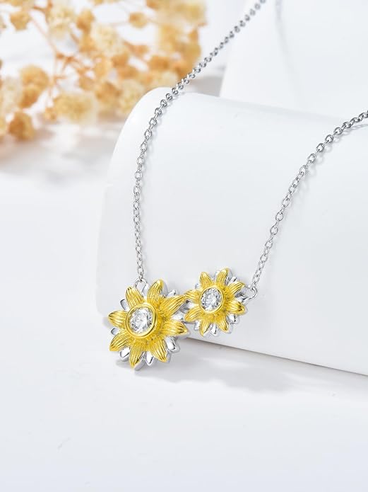 Sunflower Necklace for Women, 18K Gold Plated Silver Moissanite Sunflower Heart/Cross Pendant Necklace You are My Sunshine Gifts Sunflower Jewelry Birthday Christmas Mothers Day Gifts for Her Girlfriend Wife