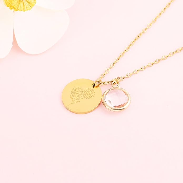 14k Gold Plated Birth Month Flower Birthstone Pendant Necklace, Floral Charm Necklace for Women Birthday Gift