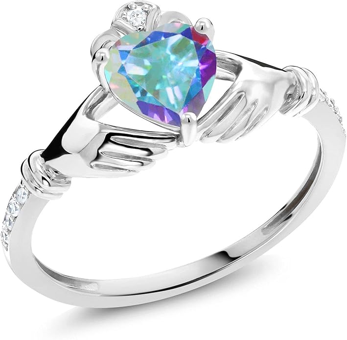 Gem Stone King 10K White Gold 6MM Heart Shape Gemstone Birthstone and White Diamond Irish Celtic Claddagh Engagement Ring | Gold Ring For Women | Available In Size 5, 6, 7, 8, 9