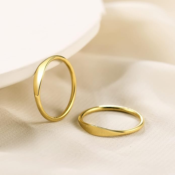 NOKMIT 1.5mm 14K Gold Filled Slim Signet Rings Thin Croissant Pinky Ring for Women Girls Dainty Gold Twisted Stacking Statement Flat Ribbed Plain Band Comfort Fit Size 4 to 10