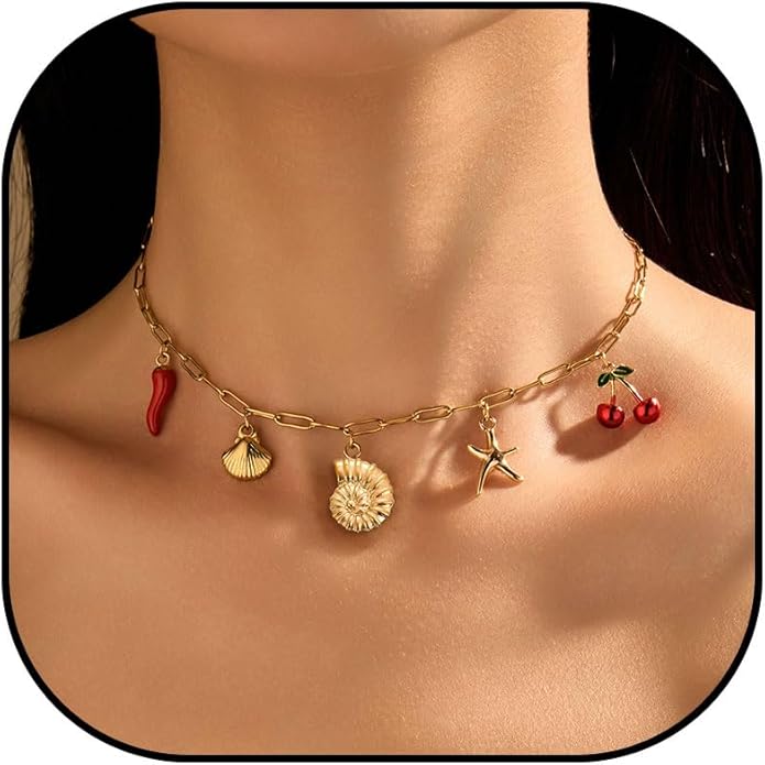 Choistily Charm Necklace Dainty Gold Western Outfit Beach Jewelry for Women Trendy Cowgirl Accessories for Women Gold Bow Sea Shell Pendant Necklace Preppy Stuff Summer Jewelry 2025