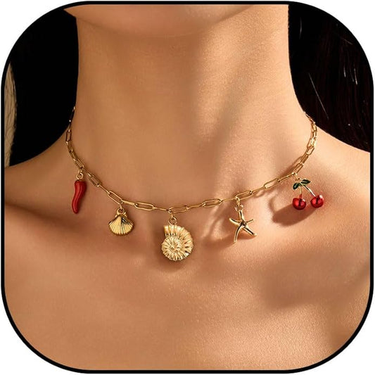 Choistily Charm Necklace Dainty Gold Western Outfit Beach Jewelry for Women Trendy Cowgirl Accessories for Women Gold Bow Sea Shell Pendant Necklace Preppy Stuff Summer Jewelry 2025
