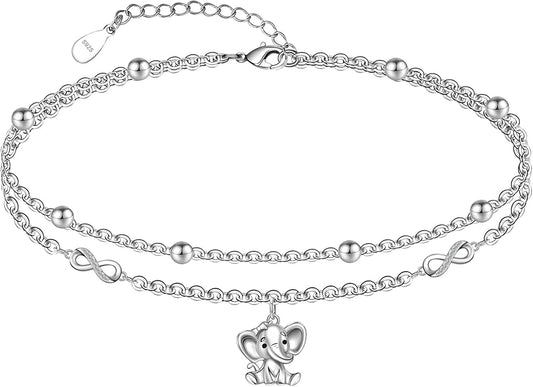 CHIC & ARTSY Womens Sterling Silver Created Opal Layered Anklet Bracelet Dainty Beaded Chain Adjustable 11" Best Friend Anklet