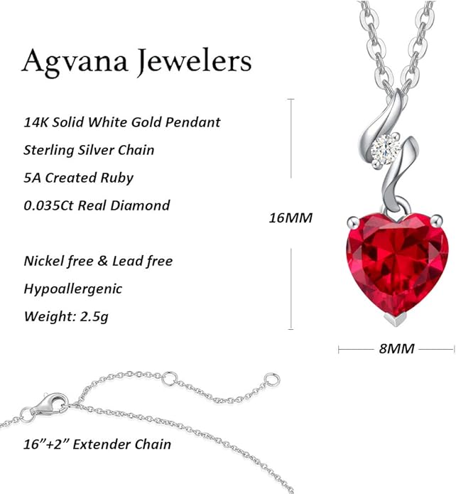 AGVANA 14K Solid White Gold Diamond Gemstone Pendant with Sterling Silver Chain 8mm Heart Birthstone Necklace Fine Jewelry Anniversary Birthday Gifts for Women Mom Wife