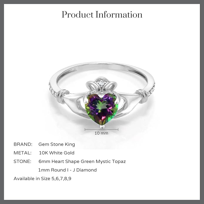Gem Stone King 10K White Gold 6MM Heart Shape Gemstone Birthstone and White Diamond Irish Celtic Claddagh Engagement Ring | Gold Ring For Women | Available In Size 5, 6, 7, 8, 9