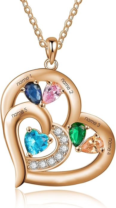 10K 14K 18K Gold Natural Diamond Personalized Mother Name Necklace with 1-6 Birthstones Sterling Silver Custom Heart Name Necklace for Women Mom Grandmother Wife Friend Gifts for Mother's Day
