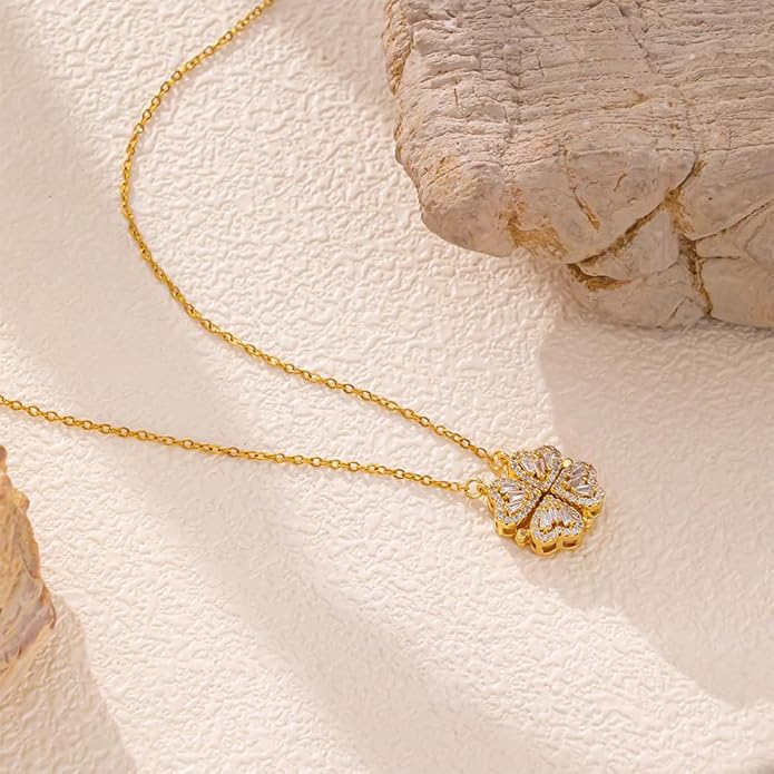 18K Gold Stainless Steel Gold Plated Necklace with Clove Hearts Charm - Can Be Worn Two Ways (Elegant A)