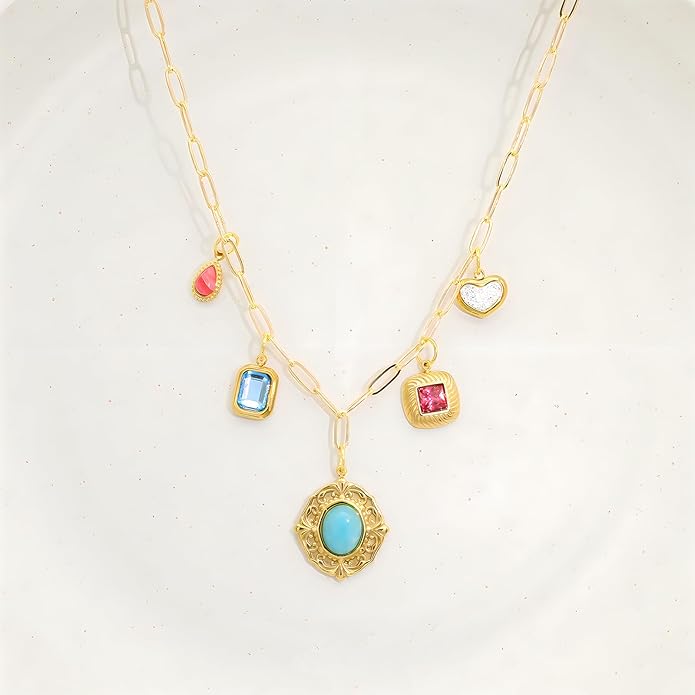 Chunky Retro Heart Necklace for Women Antique Layer Beach Ocean Moon Stars Western Boho Charm Necklaces Retro Link Chain Jewelry