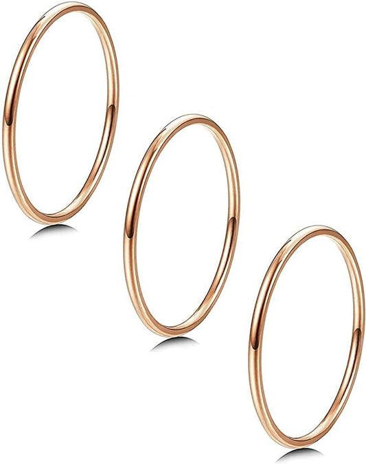 LOYALLOOK 3pcs 1mm Stainless Steel Women's Plain Band Knuckle Stacking Midi Rings Comfort Fit Silver/Gold/Rose Tone