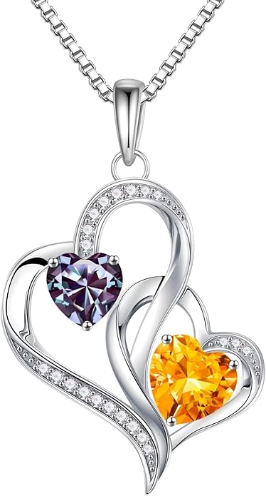Iefil Birthstone Necklace for Women - 925 Sterling Silver Double Birthstone Heart Necklace | Anniversary Birthday Gifts for Women | Personalized Gifts | Jewelry Gifts for Wife Mom Girlfriend