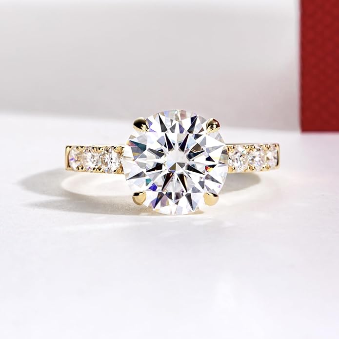 14K Solid Gold Side Stones Ring, Round/Princess Cut Centerpiece Moissanite Lab Grown Created Diamond, D Color and Flawless Real Gold Wedding Anniversary Ring