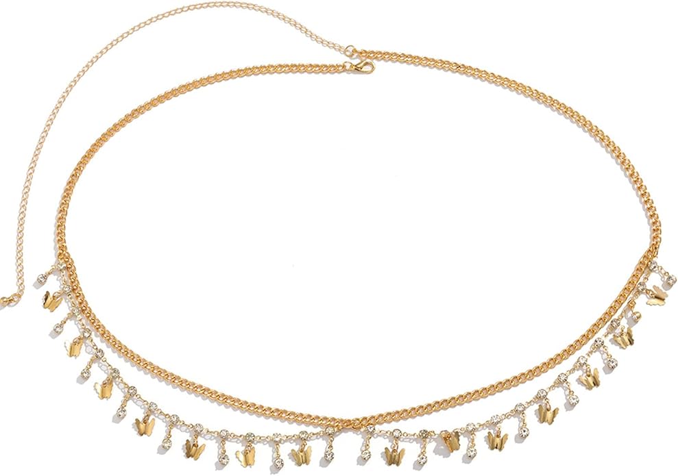 MODRSA Gold Chain Belt - Fashion Waist Chain Belt with Moon, Butterfly Rhinestone & Layered Design