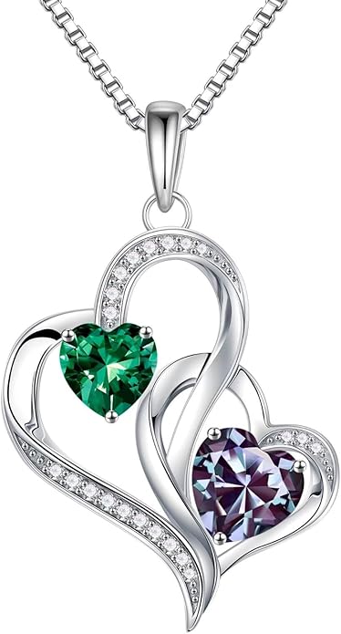Iefil Birthstone Necklace for Women - 925 Sterling Silver Double Birthstone Heart Necklace | Anniversary Birthday Gifts for Women | Personalized Gifts | Jewelry Gifts for Wife Mom Girlfriend