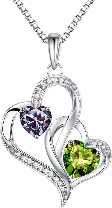Iefil Birthstone Necklace for Women - 925 Sterling Silver Double Birthstone Heart Necklace | Anniversary Birthday Gifts for Women | Personalized Gifts | Jewelry Gifts for Wife Mom Girlfriend
