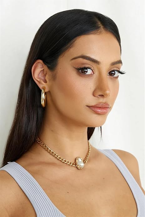 18k Gold Chain Link Necklace for Women, Baroque Pearl/Compass Pendant Necklace