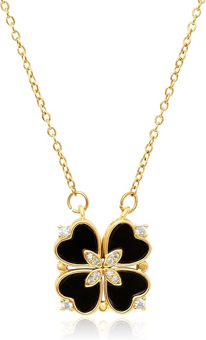 18K Gold Stainless Steel Gold Plated Necklace with Clove Hearts Charm - Can Be Worn Two Ways (Elegant A)