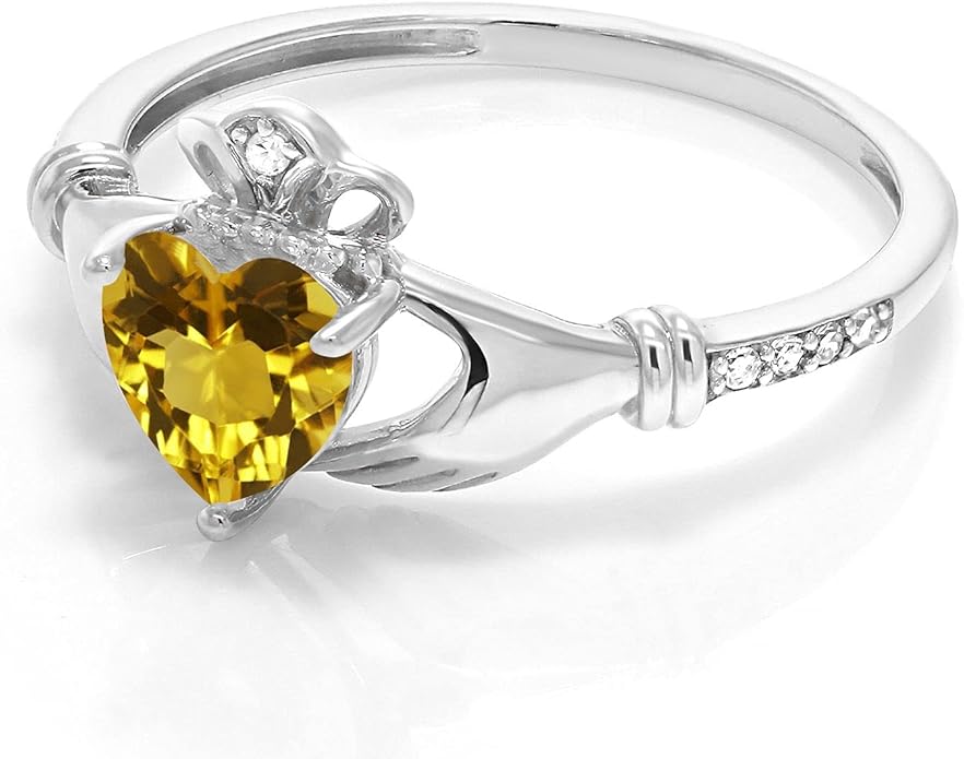 Gem Stone King 10K White Gold 6MM Heart Shape Gemstone Birthstone and White Diamond Irish Celtic Claddagh Engagement Ring | Gold Ring For Women | Available In Size 5, 6, 7, 8, 9