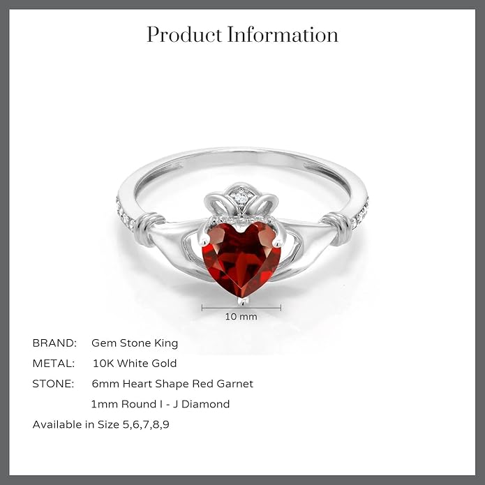 Gem Stone King 10K White Gold 6MM Heart Shape Gemstone Birthstone and White Diamond Irish Celtic Claddagh Engagement Ring | Gold Ring For Women | Available In Size 5, 6, 7, 8, 9