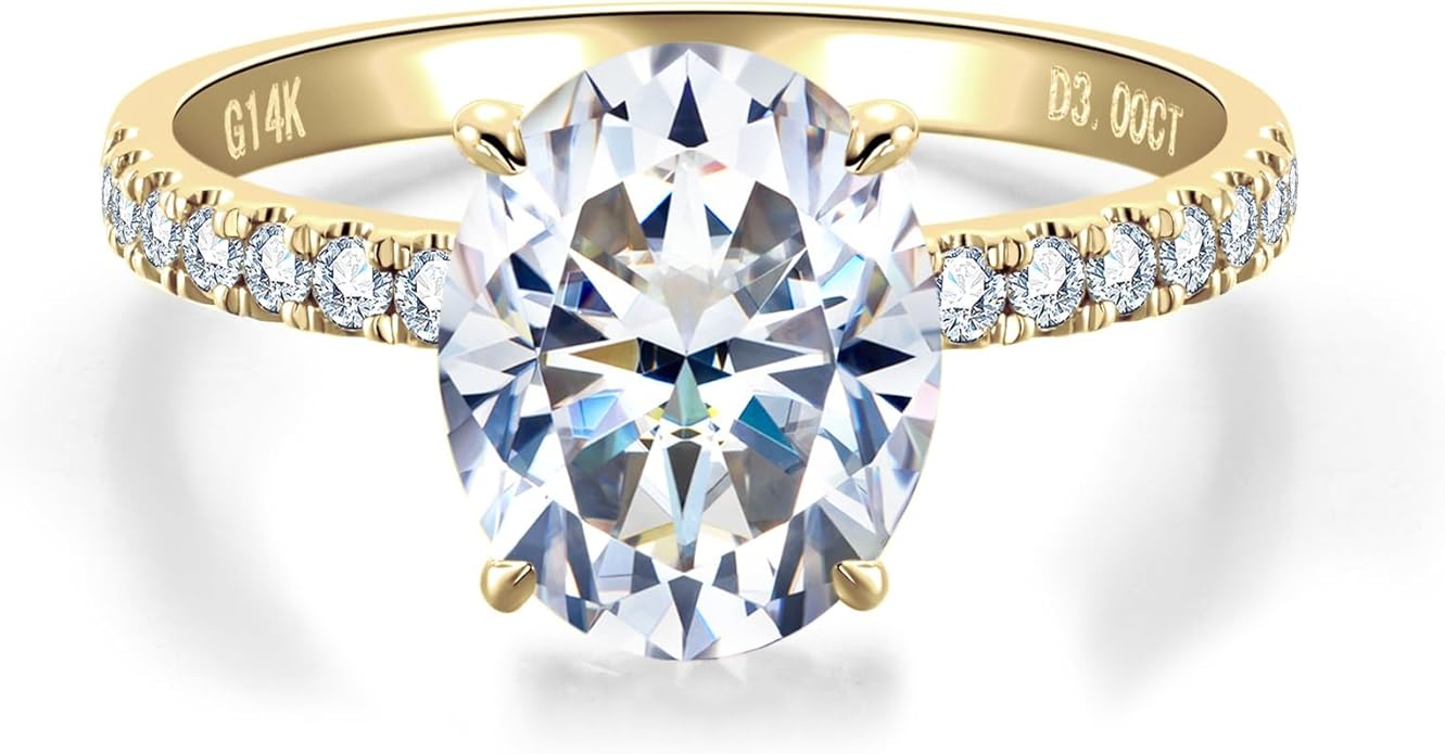 14K Solid Gold Side Stones Ring, Round/Princess Cut Centerpiece Moissanite Lab Grown Created Diamond, D Color and Flawless Real Gold Wedding Anniversary Ring