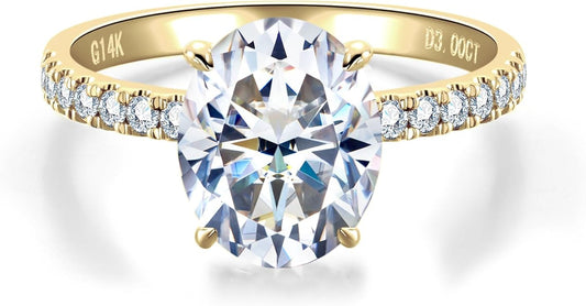 14K Solid Gold Side Stones Ring, Round/Princess Cut Centerpiece Moissanite Lab Grown Created Diamond, D Color and Flawless Real Gold Wedding Anniversary Ring