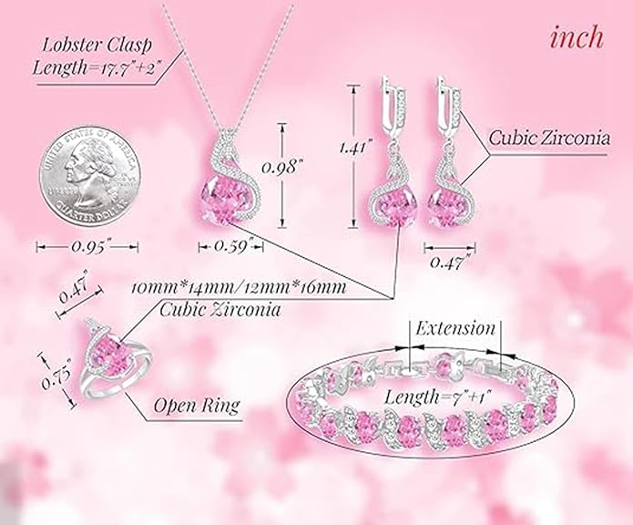 GZWHD Jewelry Set for Women Water Drop Cubic Zirconia Artificial Crystal Earrings Pendant Necklace Open Ring Tennis Bracelet Wedding Anniversary Birthday Engagement Gift for Bridesmaid Wife Girlfriend Friend