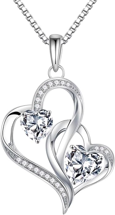 Iefil Birthstone Necklace for Women - 925 Sterling Silver Double Birthstone Heart Necklace | Anniversary Birthday Gifts for Women | Personalized Gifts | Jewelry Gifts for Wife Mom Girlfriend