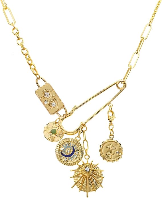 Chunky Retro Heart Necklace for Women Antique Layer Beach Ocean Moon Stars Western Boho Charm Necklaces Retro Link Chain Jewelry