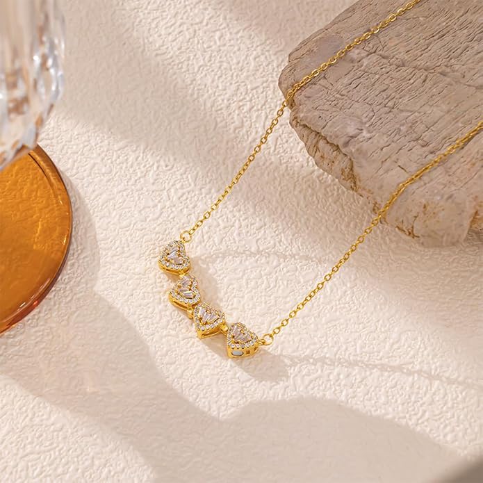 18K Gold Stainless Steel Gold Plated Necklace with Clove Hearts Charm - Can Be Worn Two Ways (Elegant A)