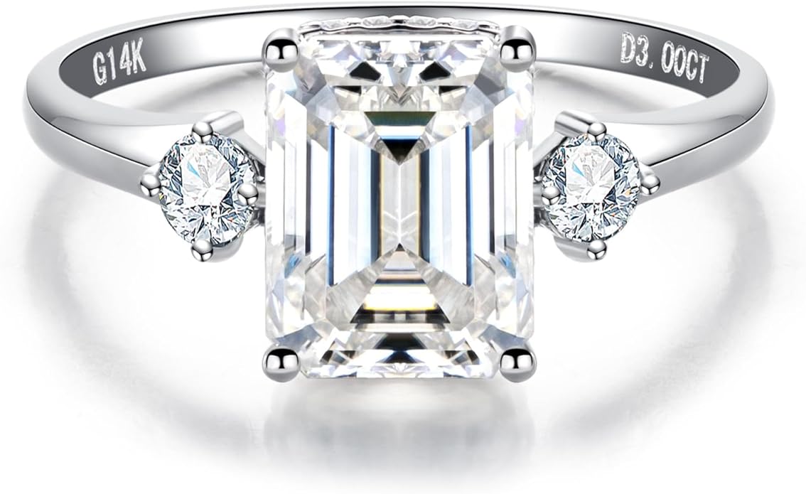 Solid 14K Gold 3.36ct Moissanite Three Stone Rings (3ct Center Stone), Round/Oval/Emerald Shape, Real Gold | D Color and Flawless Moissanite | Wedding Anniversary Ring