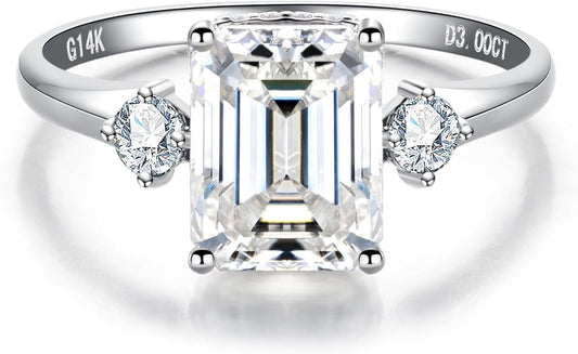 Solid 14K Gold 3.36ct Moissanite Three Stone Rings (3ct Center Stone), Round/Oval/Emerald Shape, Real Gold | D Color and Flawless Moissanite | Wedding Anniversary Ring