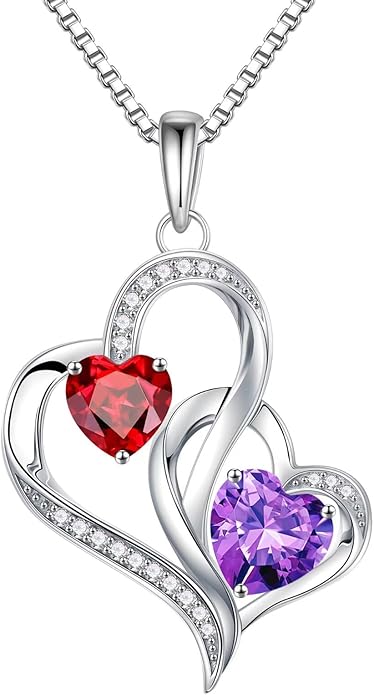 Iefil Birthstone Necklace for Women - 925 Sterling Silver Double Birthstone Heart Necklace | Anniversary Birthday Gifts for Women | Personalized Gifts | Jewelry Gifts for Wife Mom Girlfriend
