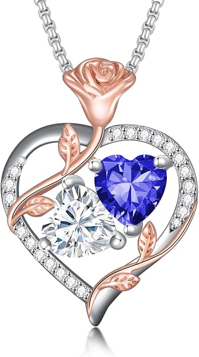 Jewelry for Her Double Heart Rose Birthstone Pendant Necklace Anniversary Jewelry Christmas Birthday Gifts for Women Wife Girlfriend
