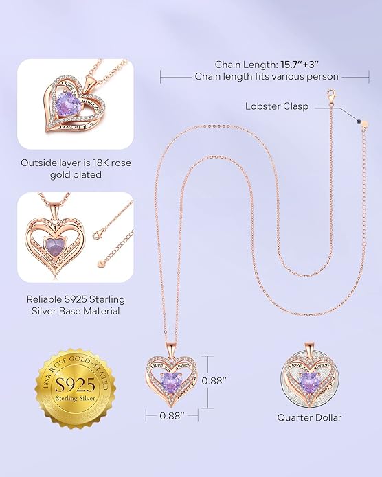 S925 Sterling Silver Necklace for Women, Wife Jewelry Rose Gold, Mom Birthday Valentines Mothers Day Gifts, Girlfriend Necklaces, Daughter Heart Jewel, Anniversary for Her