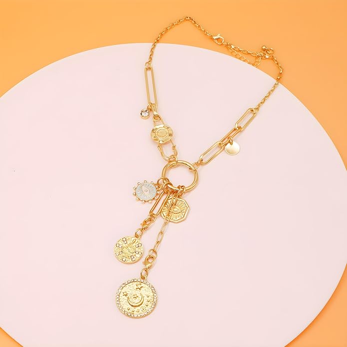 Chunky Retro Heart Necklace for Women Antique Layer Beach Ocean Moon Stars Western Boho Charm Necklaces Retro Link Chain Jewelry