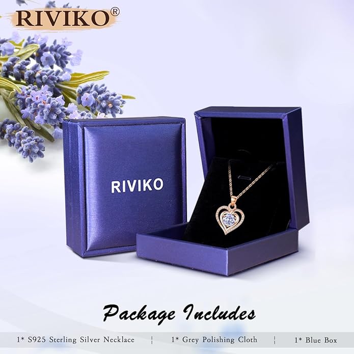 RIVIKO Heart Birthstone Pendant Necklace for Women 925 Sterling Silver Zirconia Necklaces Wedding Anniversary Birthday Mothers Day Jewelry Gifts For Her Mother Wife