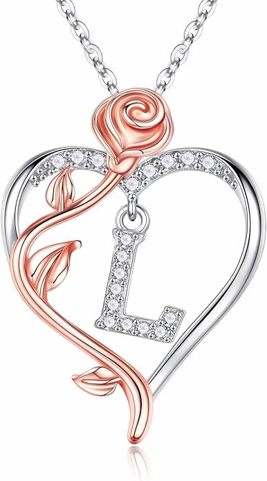 Iefil Rose Heart Necklaces Gifts for Women - 925 Sterling Silver Rose Heart Initial Necklace, Anniversary Birthday Gifts for Women, Jewelry Gift for Her Wife Girlfriend Mom Daughter
