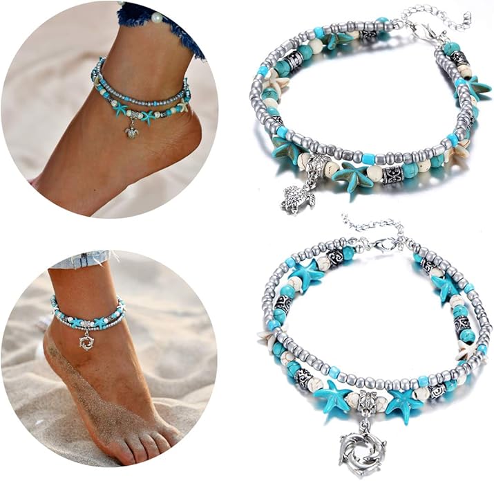 Starain Blue Turtle Anklets for Women Multilayer Beads Handmade Beach Ankle Bracelet Set Boho Foot Jewelry