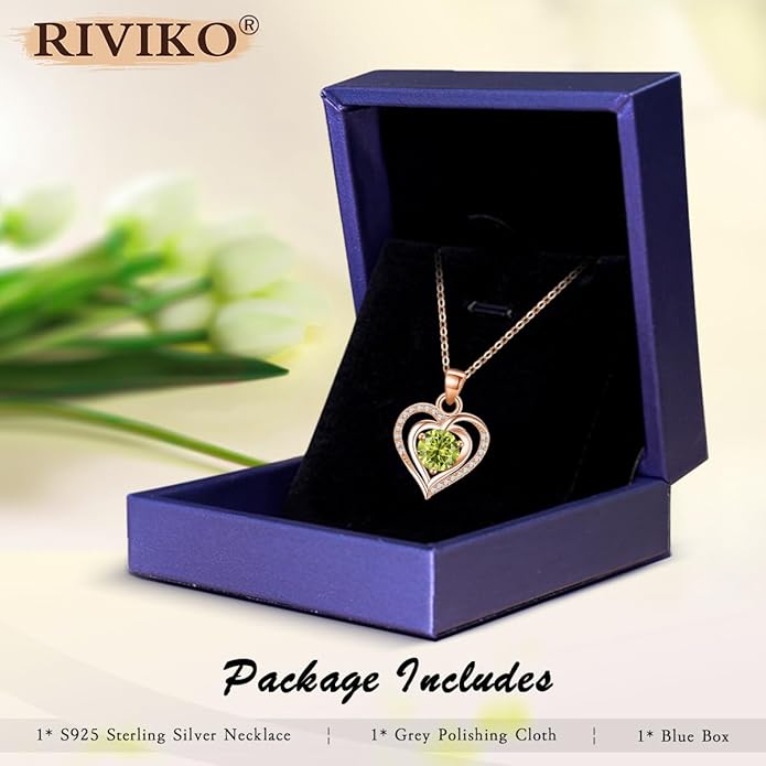 RIVIKO Heart Birthstone Pendant Necklace for Women 925 Sterling Silver Zirconia Necklaces Wedding Anniversary Birthday Mothers Day Jewelry Gifts For Her Mother Wife