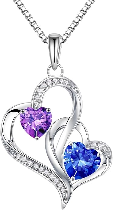 Iefil Birthstone Necklace for Women - 925 Sterling Silver Double Birthstone Heart Necklace | Anniversary Birthday Gifts for Women | Personalized Gifts | Jewelry Gifts for Wife Mom Girlfriend