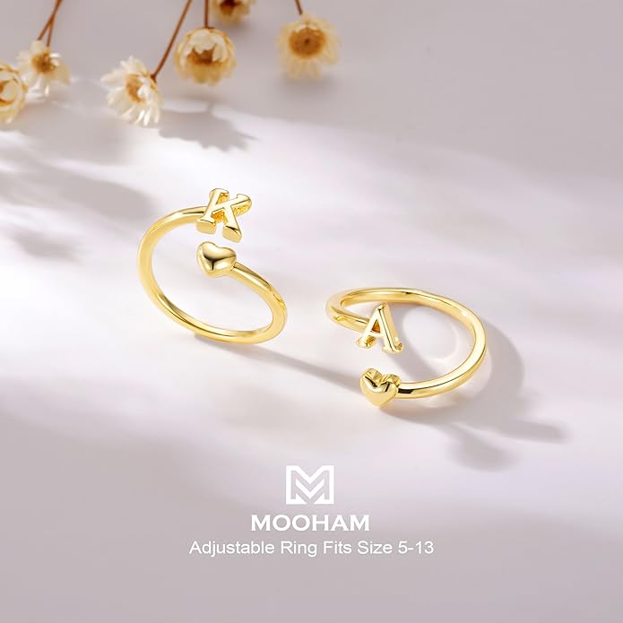 M MOOHAM Gold Rings for Women - 14K Gold Plate Initial Rings for Women Non Tarnish Letter A- Z Dainty Heart Ring Adjustable Pinky Ring Personalized Jewelry Gifts