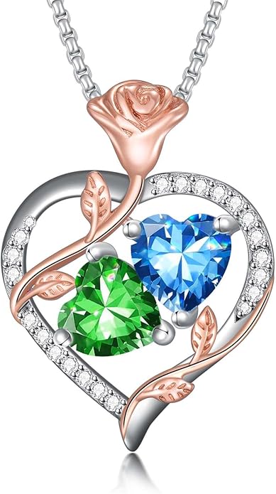 Jewelry for Her Double Heart Rose Birthstone Pendant Necklace Anniversary Jewelry Christmas Birthday Gifts for Women Wife Girlfriend
