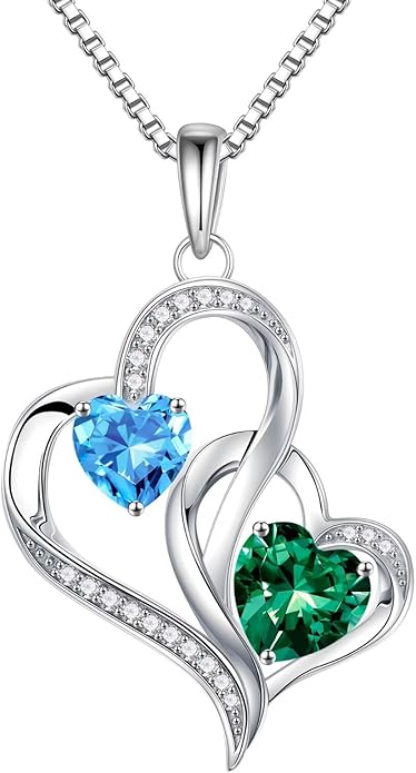 Iefil Birthstone Necklace for Women - 925 Sterling Silver Double Birthstone Heart Necklace | Anniversary Birthday Gifts for Women | Personalized Gifts | Jewelry Gifts for Wife Mom Girlfriend
