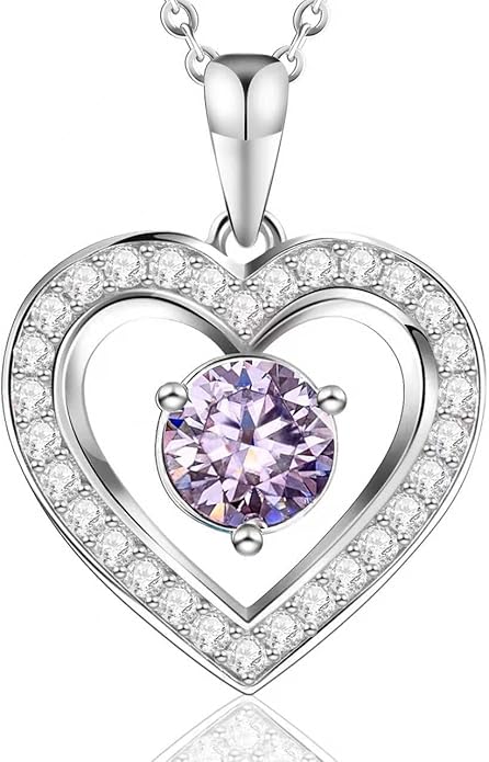 Full Moissanite Heart Necklace - No CZ! 2ct Vibrant Birthstone & 30 White Gems | 12 Month Gifts for Wife, Mom, Her | Anniversary, Valentine's Day, Mother's Day Jewelry