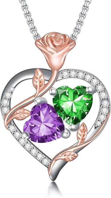 Jewelry for Her Double Heart Rose Birthstone Pendant Necklace Anniversary Jewelry Christmas Birthday Gifts for Women Wife Girlfriend