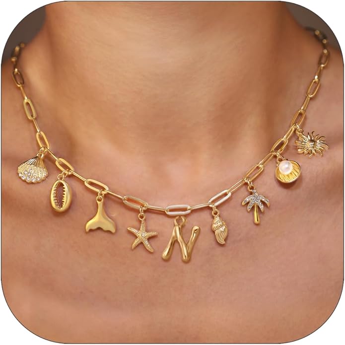 Initial Charm Necklace For Women Shell Letter Necklaces Gold Charms Pendant Boho Summer Seashell Beach 14k Starfish Surfer Jewelry Gifts