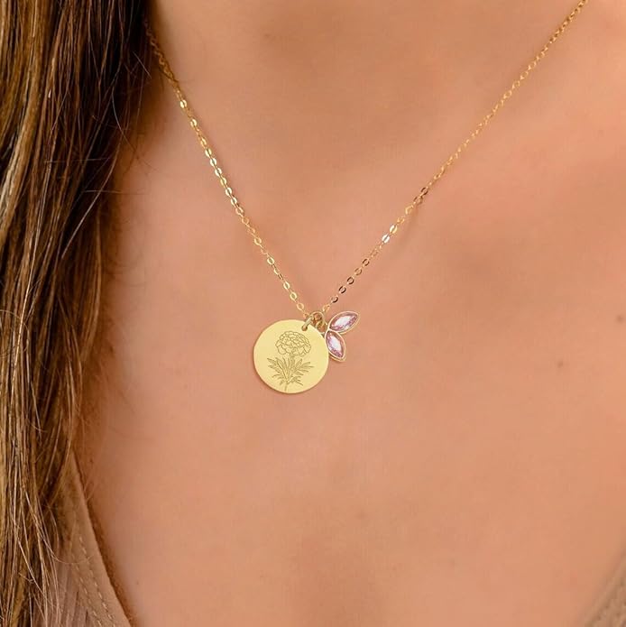 14k Gold Plated Birth Month Flower Birthstone Pendant Necklace, Floral Charm Necklace for Women Birthday Gift
