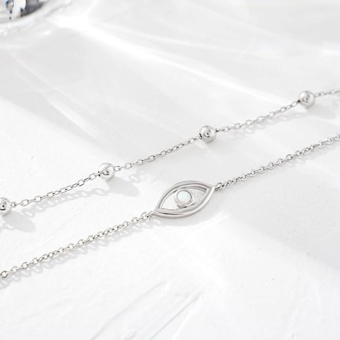 CHIC & ARTSY Womens Sterling Silver Created Opal Layered Anklet Bracelet Dainty Beaded Chain Adjustable 11" Best Friend Anklet