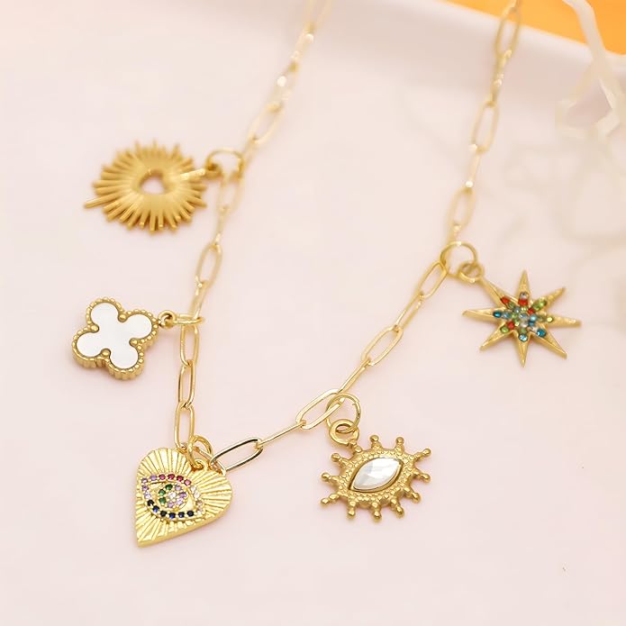 Chunky Retro Heart Necklace for Women Antique Layer Beach Ocean Moon Stars Western Boho Charm Necklaces Retro Link Chain Jewelry