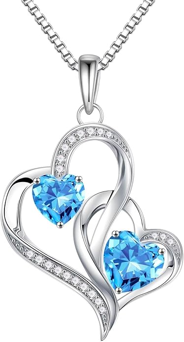 Iefil Birthstone Necklace for Women - 925 Sterling Silver Double Birthstone Heart Necklace | Anniversary Birthday Gifts for Women | Personalized Gifts | Jewelry Gifts for Wife Mom Girlfriend