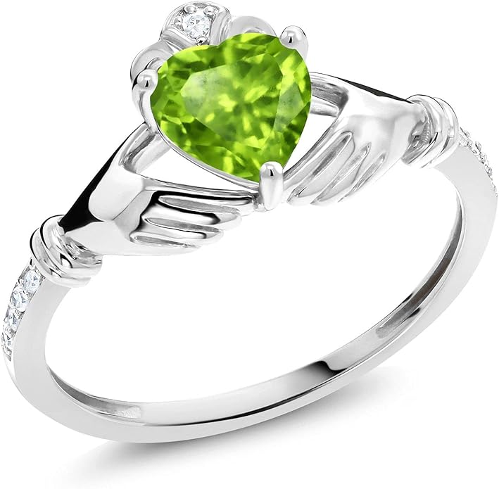 Gem Stone King 10K White Gold 6MM Heart Shape Gemstone Birthstone and White Diamond Irish Celtic Claddagh Engagement Ring | Gold Ring For Women | Available In Size 5, 6, 7, 8, 9